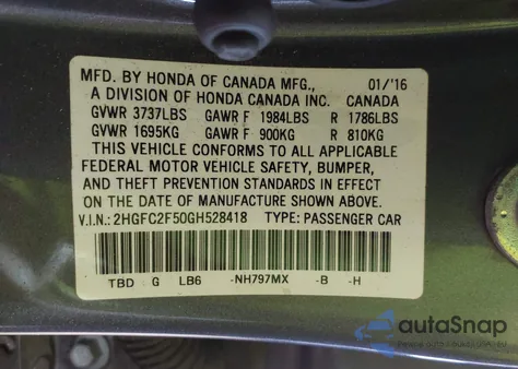 2016 Honda Civic Lx from USA, damaged, VIN 2HGFC2F50GH528418